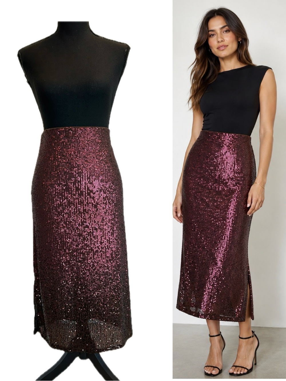 Cable & Gauge Burgundy Sequin Ombre Midi Pencil Skirt Size M NWT Holiday Party